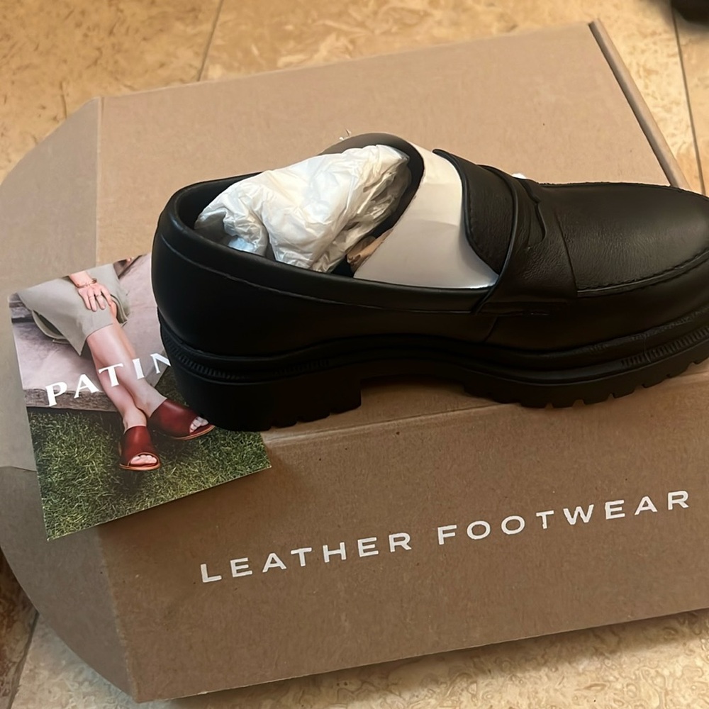 Patina real leather chunky black loafers. Brand new in box.